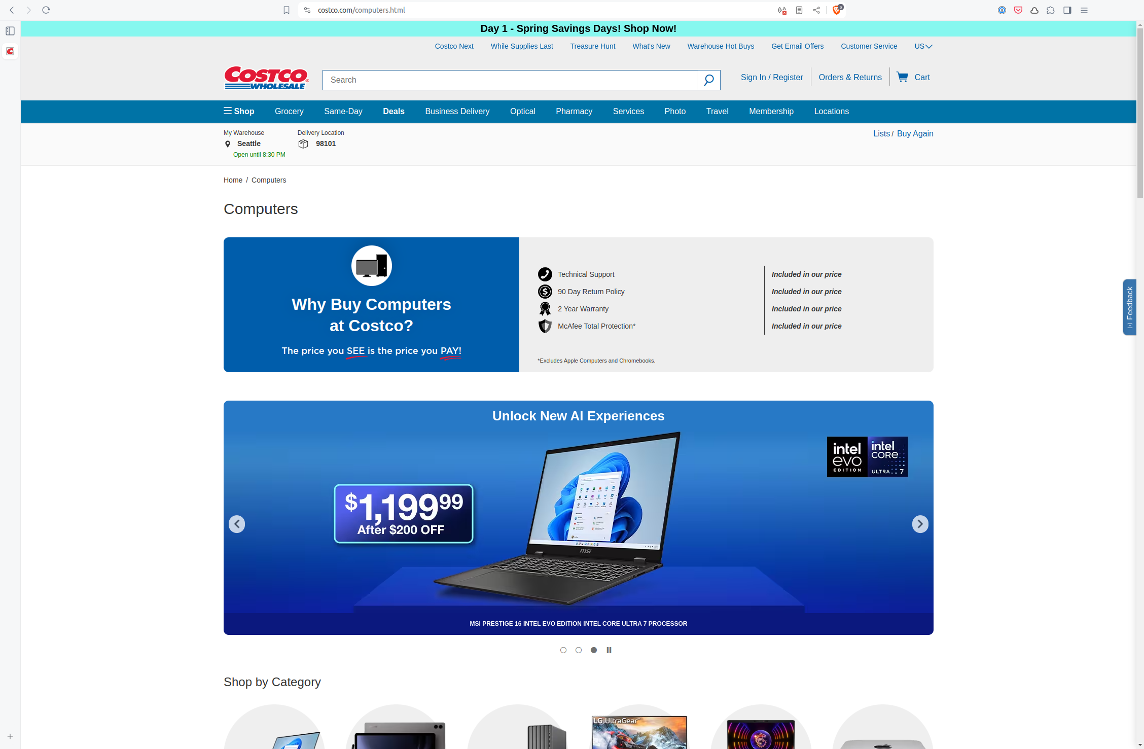 Costco's category page for computers search term