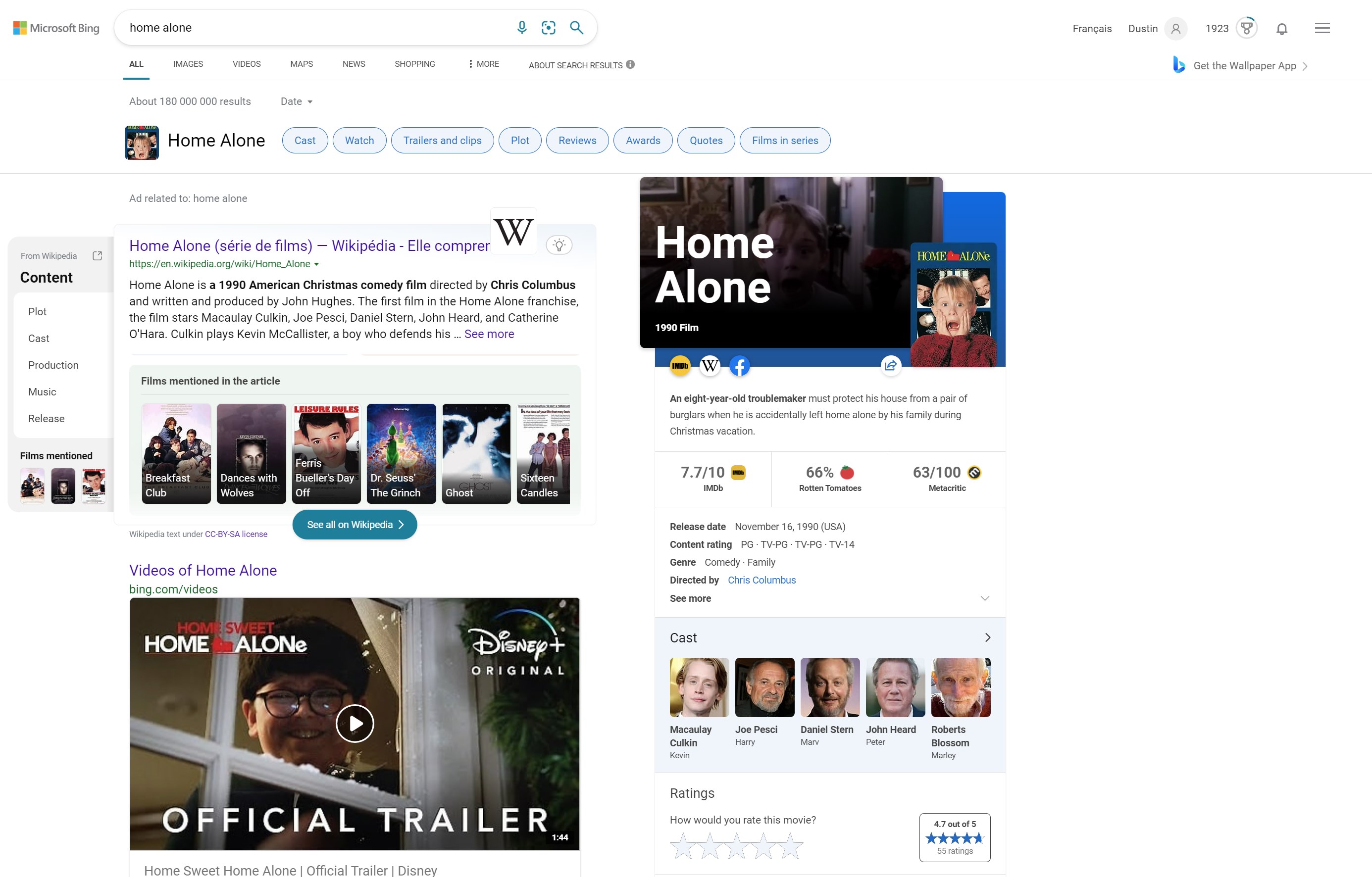 Screenshot of the Bing search results